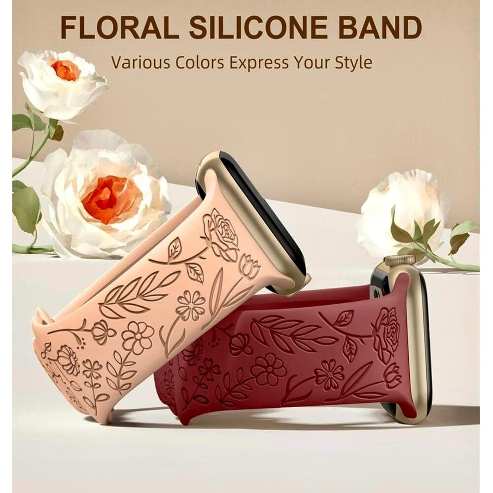 Unbranded Apple iWatch 9/8/7 SE Engraved Rose Floral 34mm‎ Silicone Watch Band - Picture 7 of 8